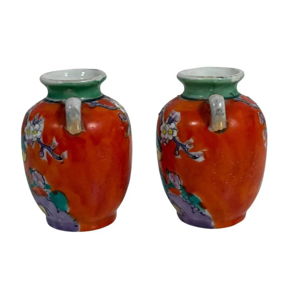 TWO Vintage Gold Castle Chikusa Hand-Painted Vases Flowers Birds Made In Japan